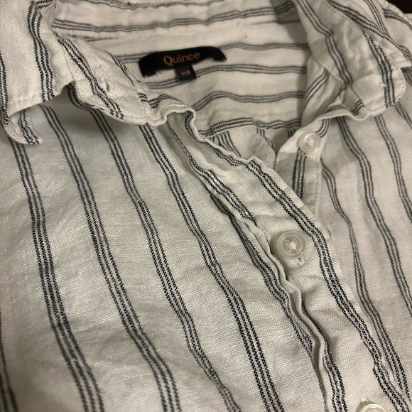 QUINCE XS European Linen Button Up Shirt Top Oatmeal Black Stripe Collar - Picture 6 of 9